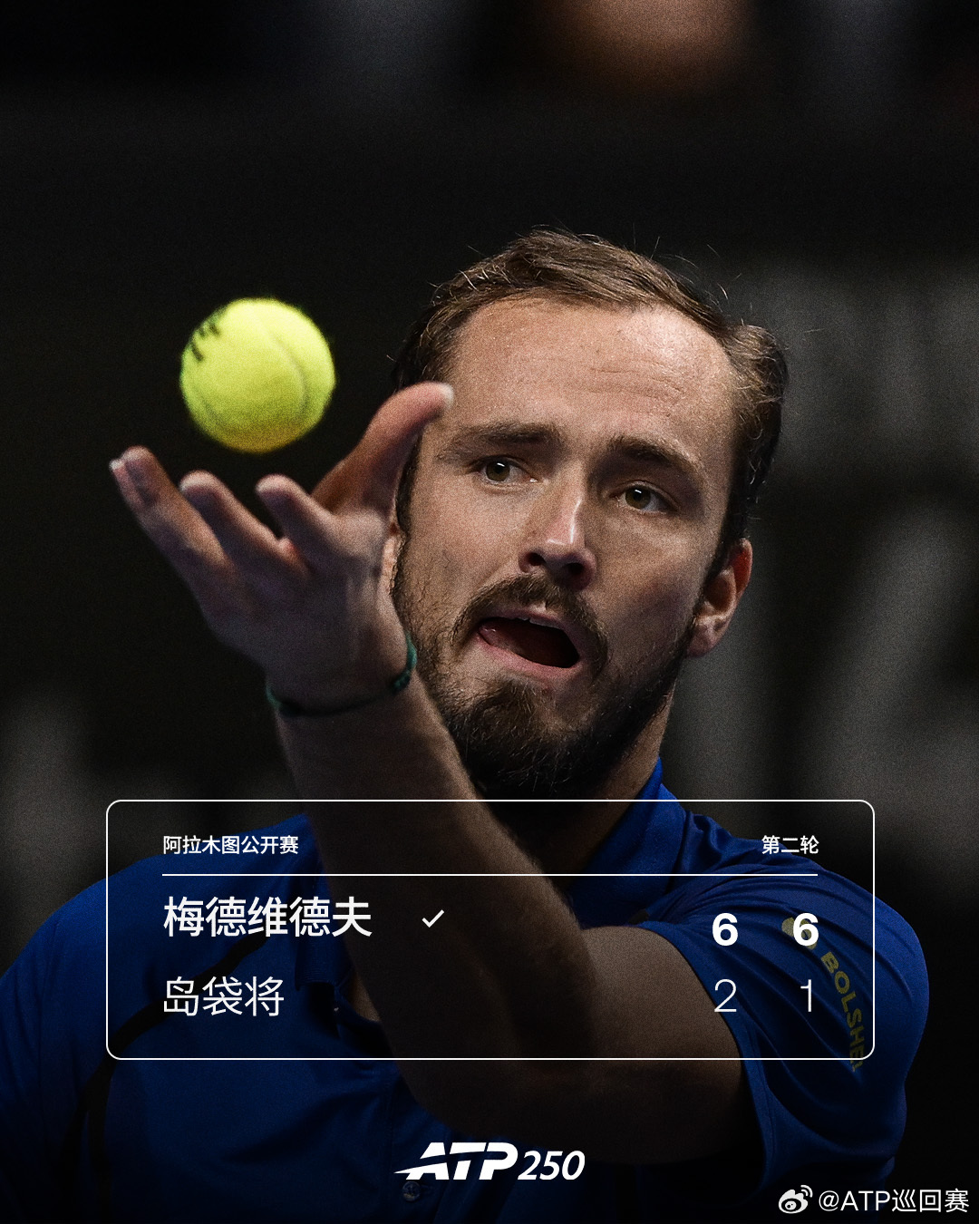 梅德维德夫强势过关🔥ATP250 阿拉木图公开赛第二轮，头号种子梅德维德夫仅耗