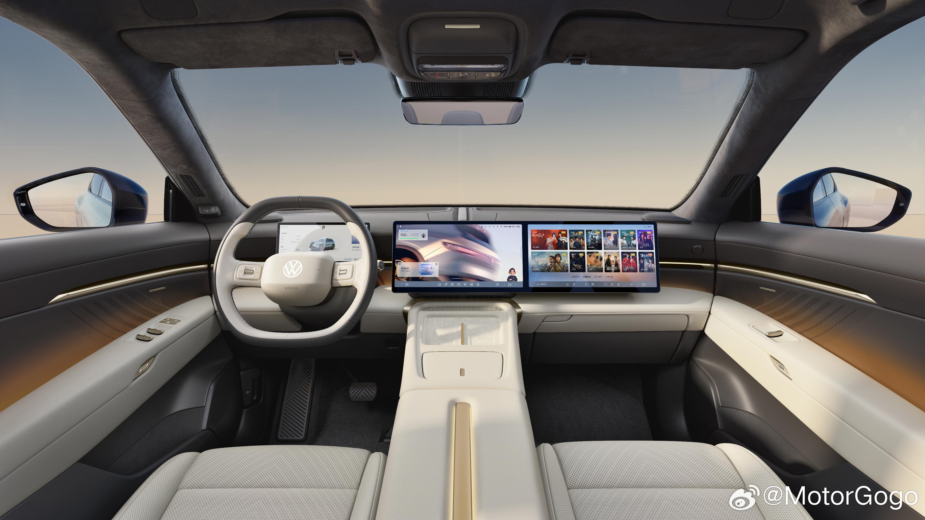 与众 08 的内饰官图公布了，车内各种金色的元素，但看起来并不土，很高级。前排中