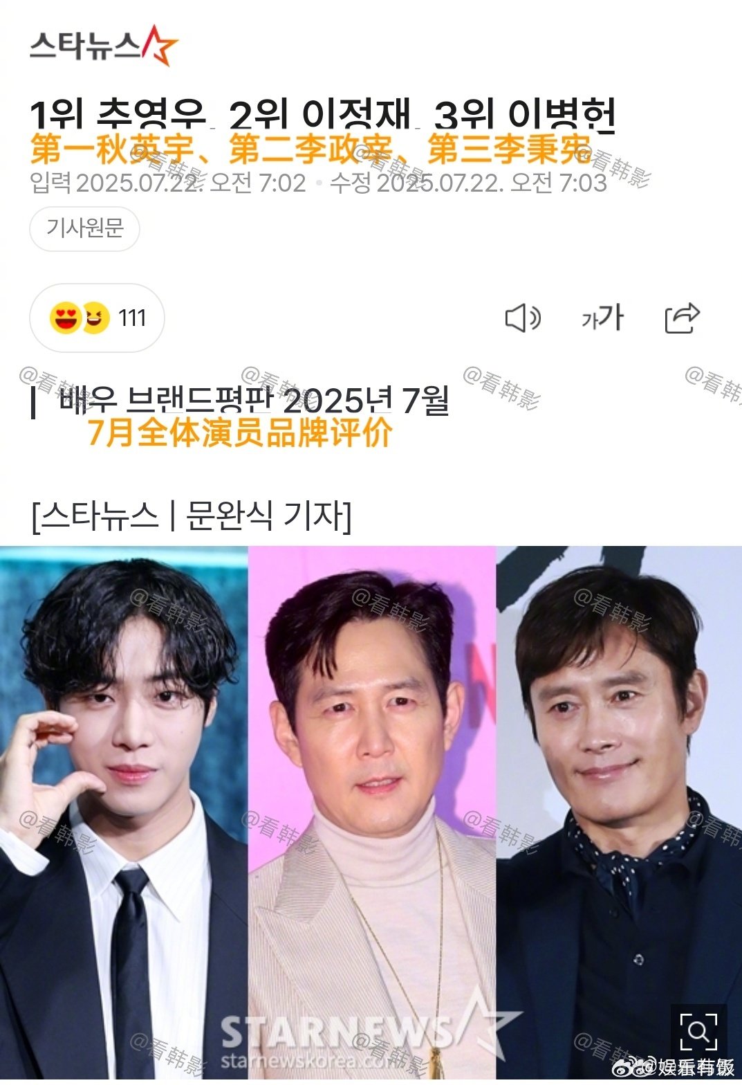 韩国演员7月品牌评价榜韩国今年爆火的男演员 近日，2025年7月韩国全体演员品牌
