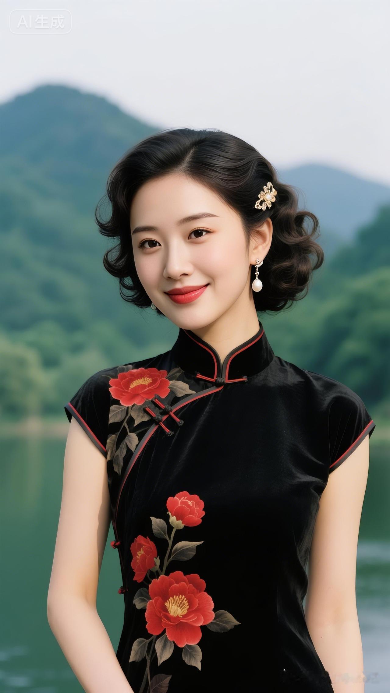 优雅黑旗袍，红艳花朵点缀，尽显东方韵味！