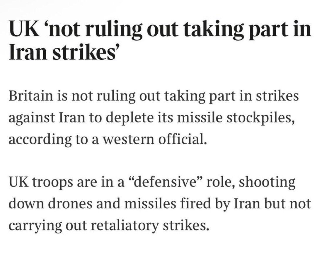 新闻快讯——《泰晤士报》：英国不排除参与打击伊朗，以消耗其导弹库存。