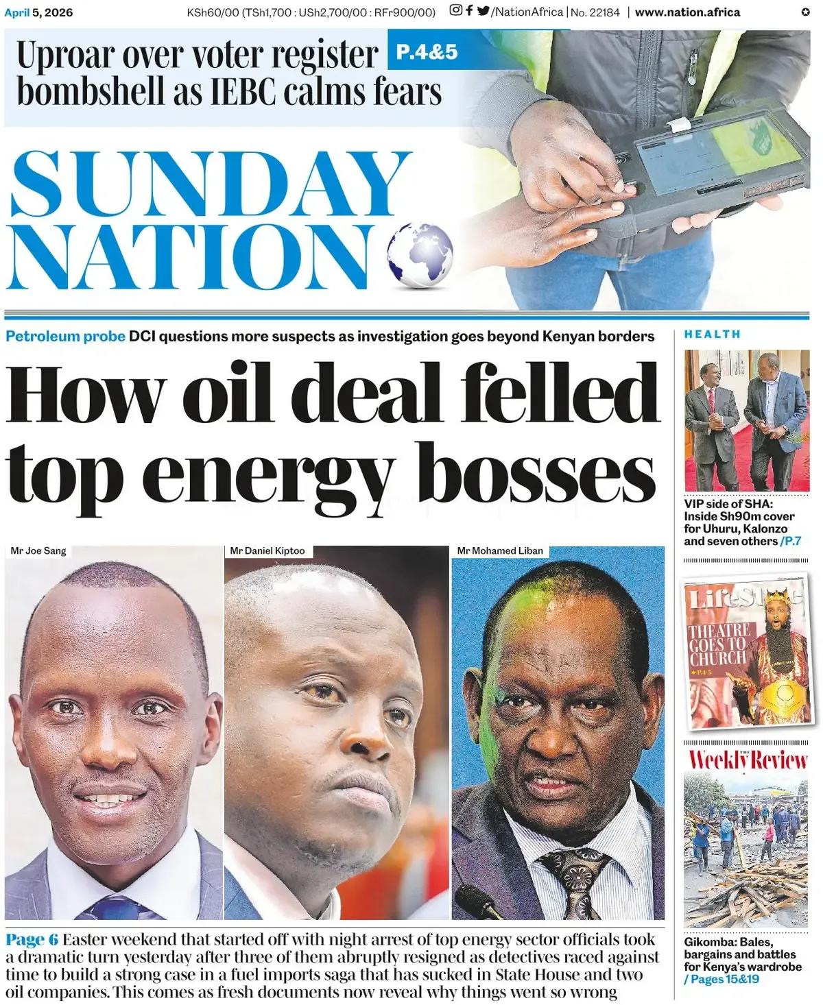 肯尼亚《每日国家报》头版报道称，肯尼亚石油腐败调查：随着调查范围超越肯尼亚边境，