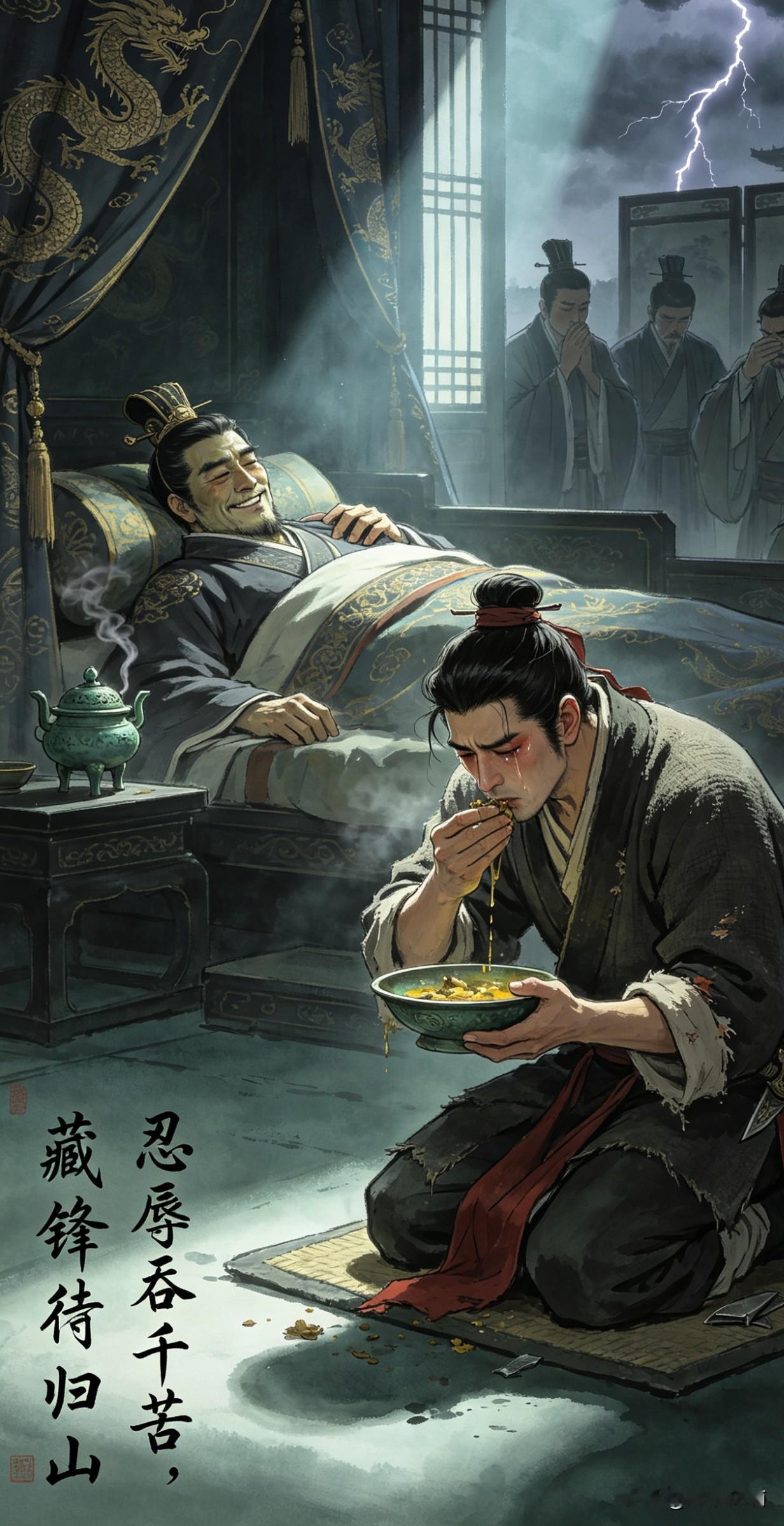 春秋末年吴王病重，
越王跪在床前，
双手接过吴王的粪便，
强压翻涌的胃，闭眼、屏
