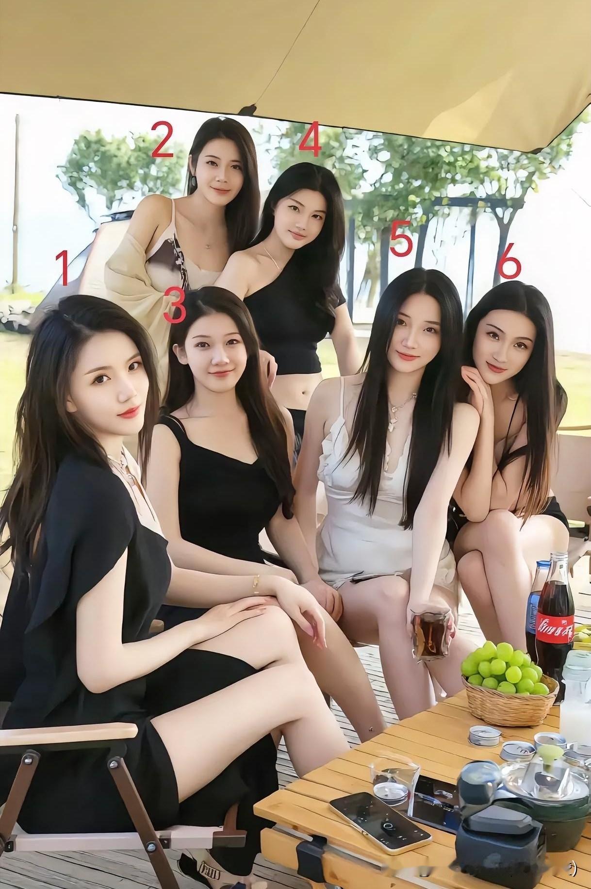 一群单身美女在户外聚会，享受美好时光。不许撒谎，只能追求一位，你会追求几号？
美