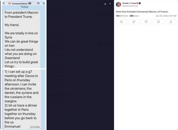 特朗普分享马克龙发给他的信息据RT，美国总统特朗普最新分享马克龙发给他的信息：我