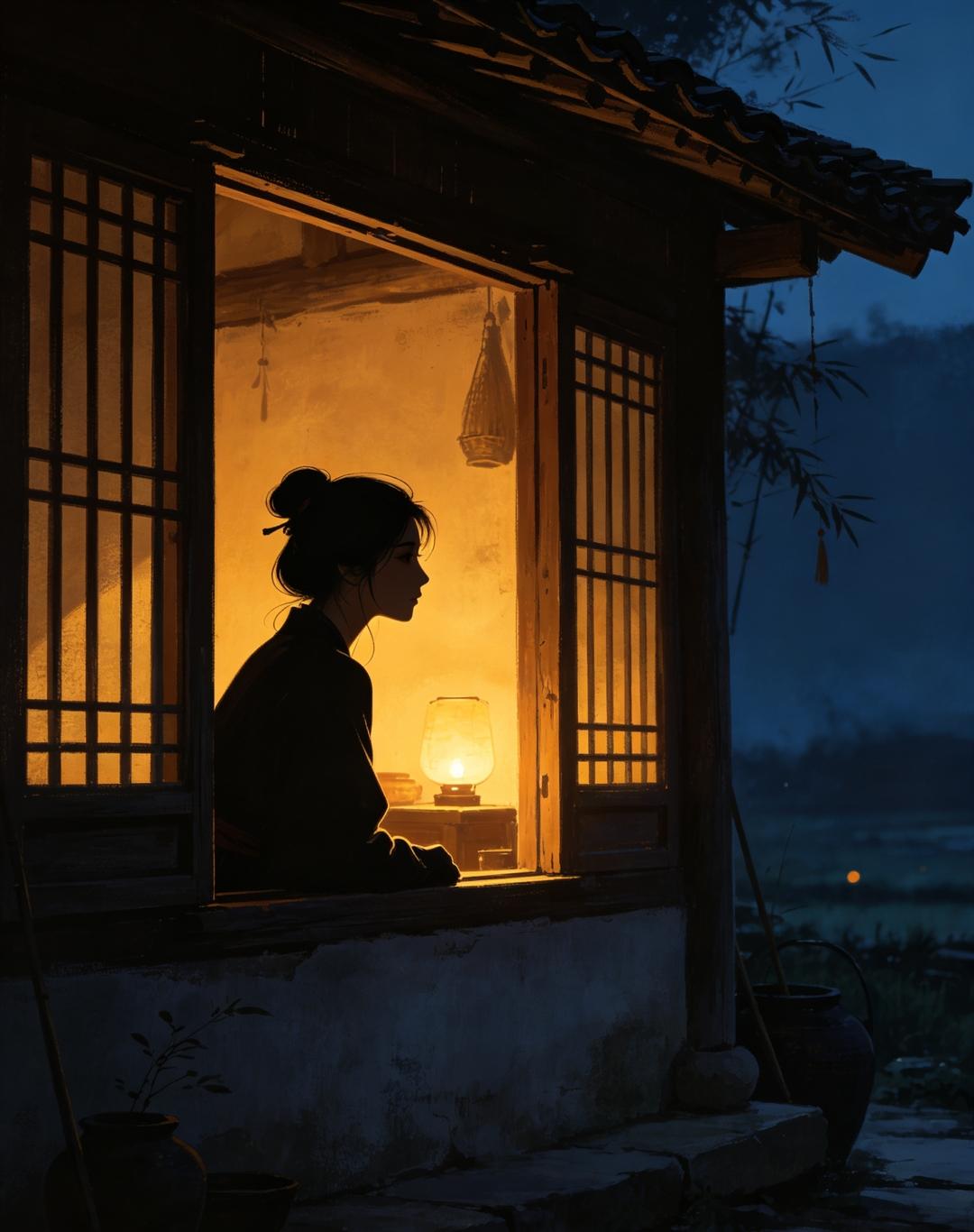 《夜思远人》珠乡小女

深宵无寐倚窗纱，冷雨敲灯忆远家。
客路风霜君自苦，故园灯