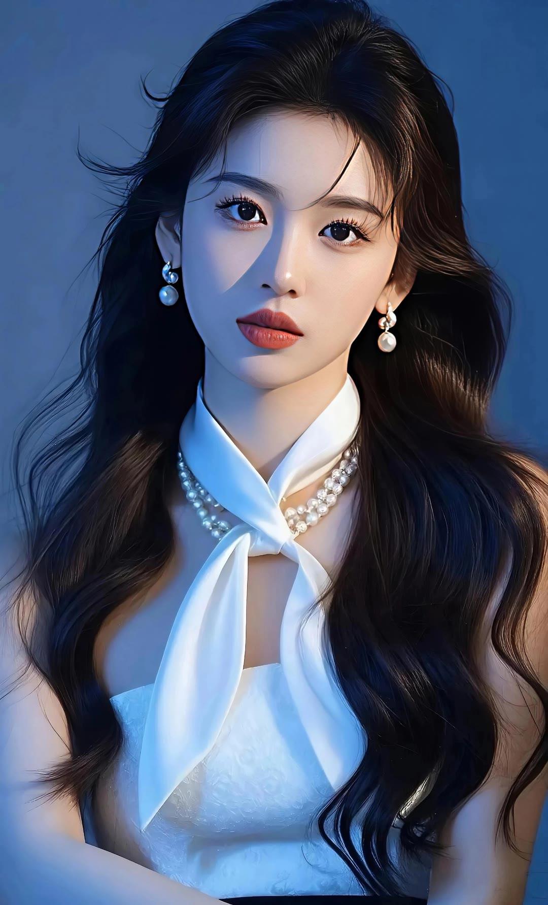 优雅白裙少女，珍珠项链与耳环点缀，散发迷人气质。