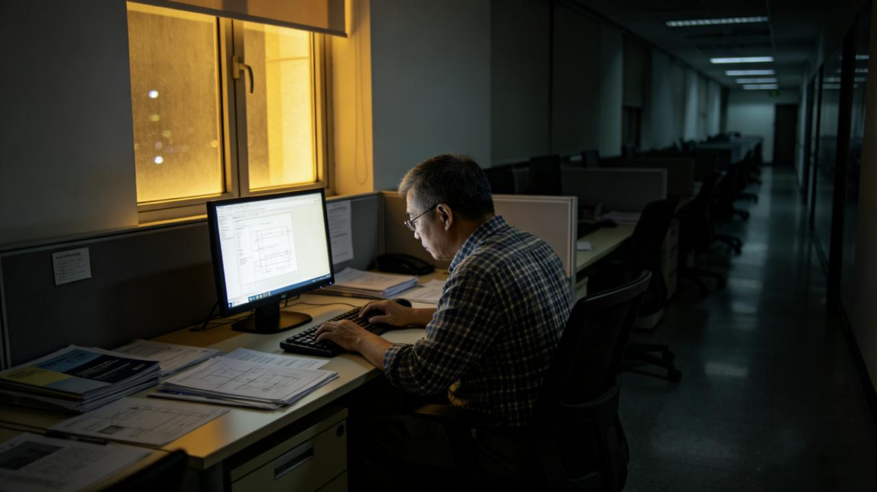 公司22楼，有盏灯从来不关。
那是老吴的工位。他是技术部最资深的工程师，五十多岁