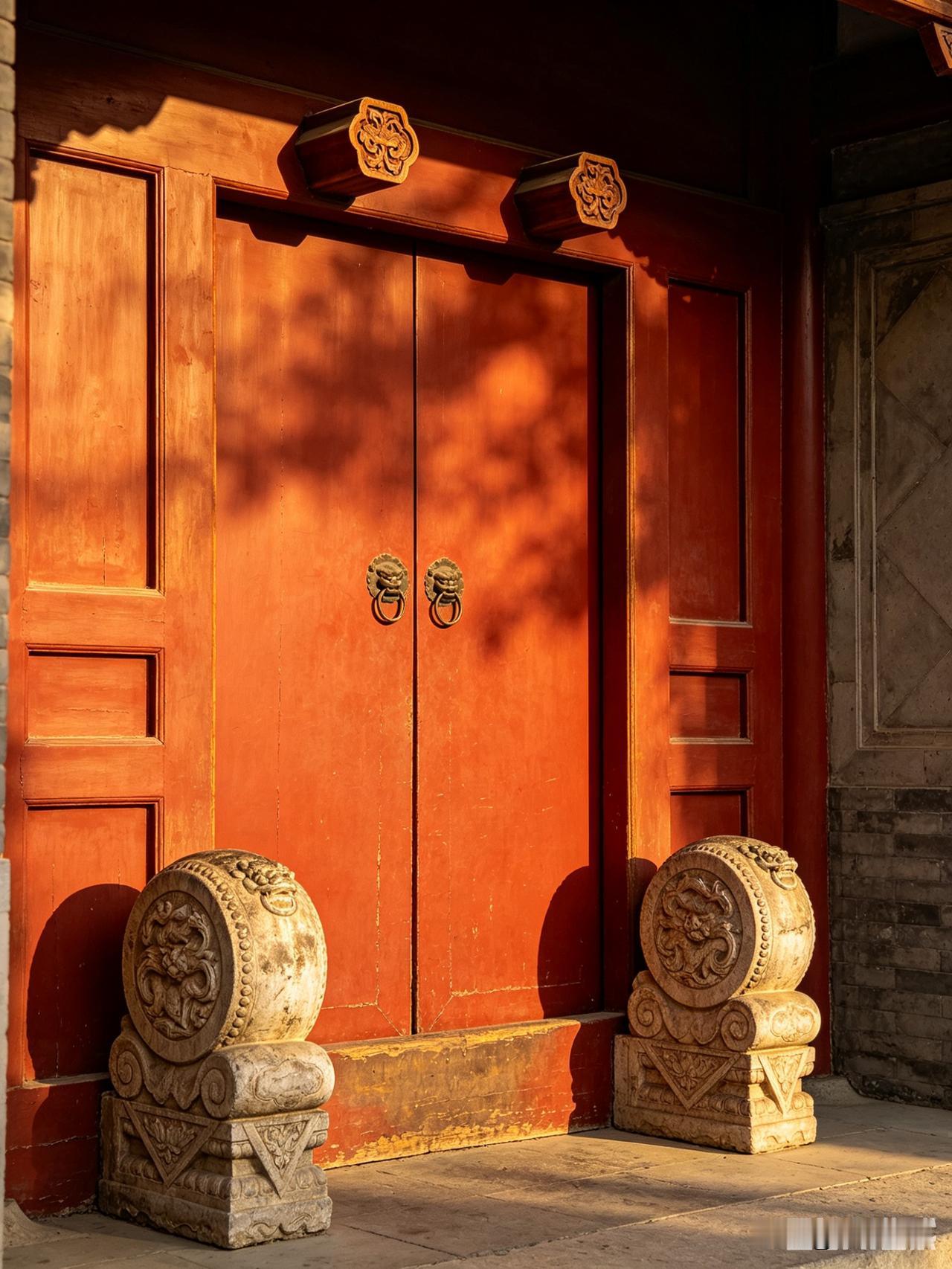 门当：大门两侧一对石鼓/石墩；
​户对：门楣上成对木雕短柱；
二者规格、数量对应