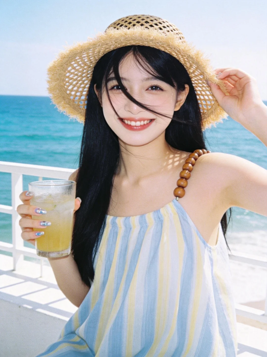 主体是超高颜值美少女，黑色柔顺长发，一缕发丝拂过脸颊，可爱，甜美微笑，以写真摄影