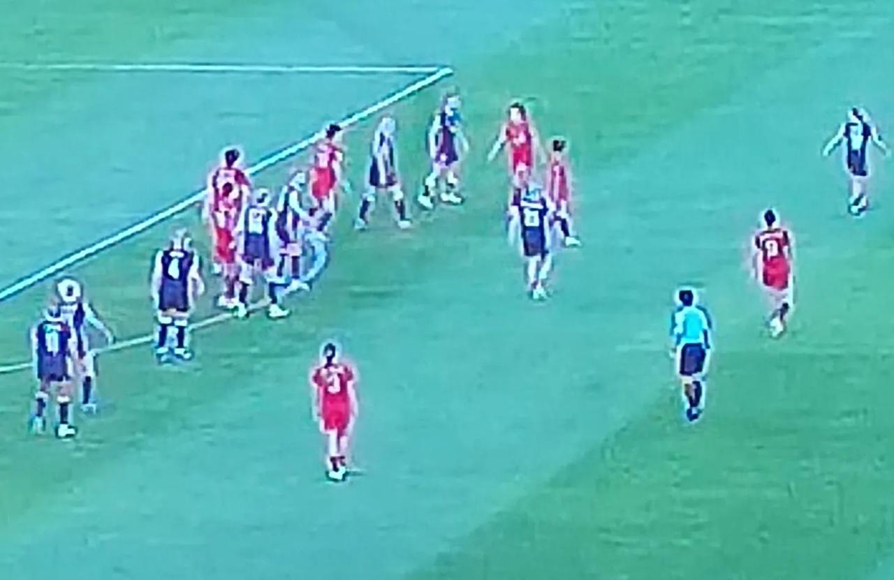 第23分钟，中国队张林艳单刀晃倒对方门将，门将用手将张林艳绊倒，主裁判果断判罚点