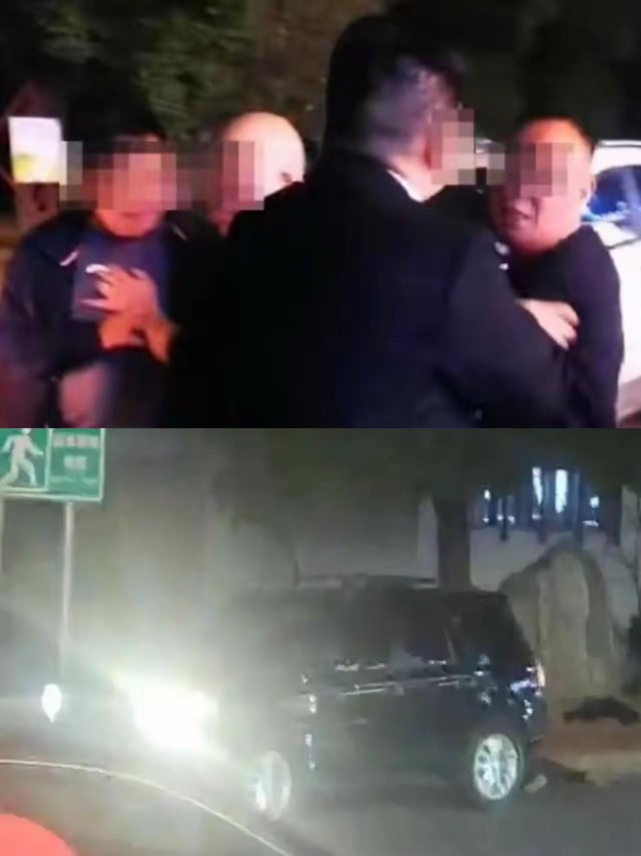 明明已经逃出生天了。
但这哥们儿没走。
路虎车主从四个醉汉身下挣脱，坐在驾驶室里