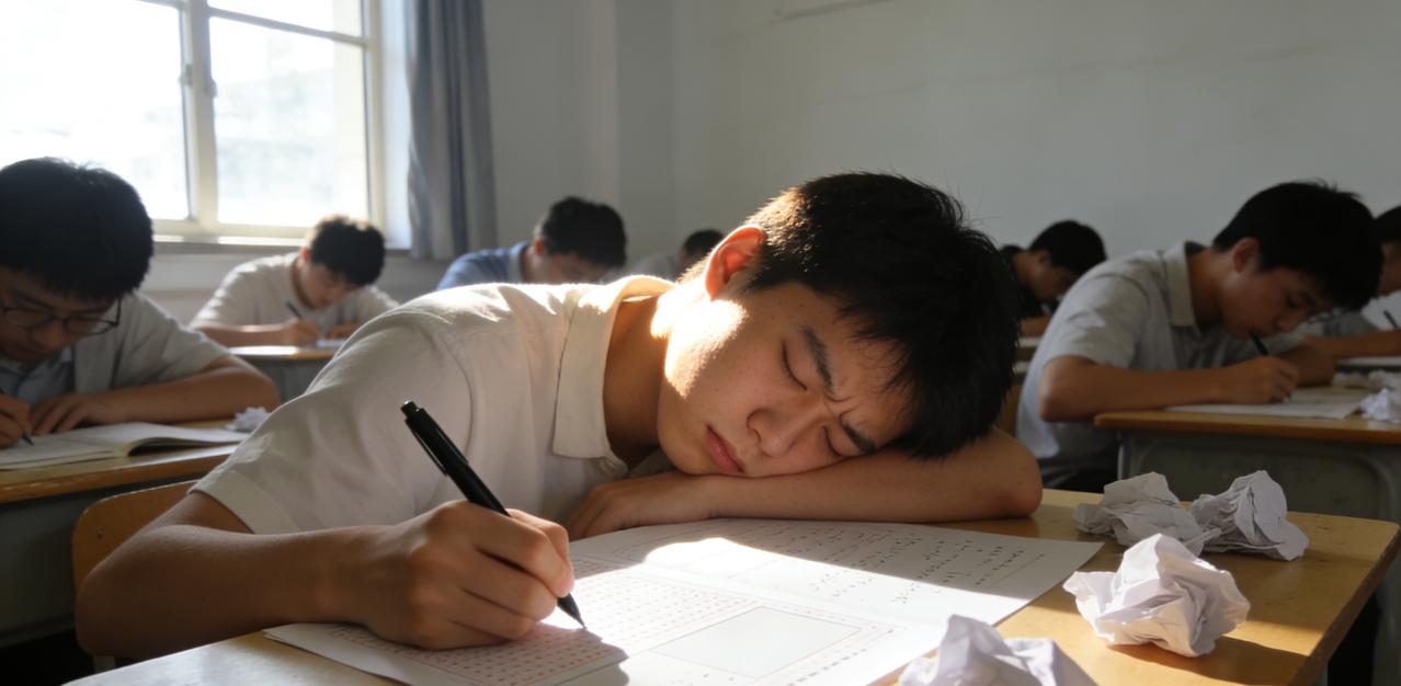 尧舜禹高考考数学时睡觉，失去了全省第一的资格
 
高考数学考场上，尧舜禹竟伏在答