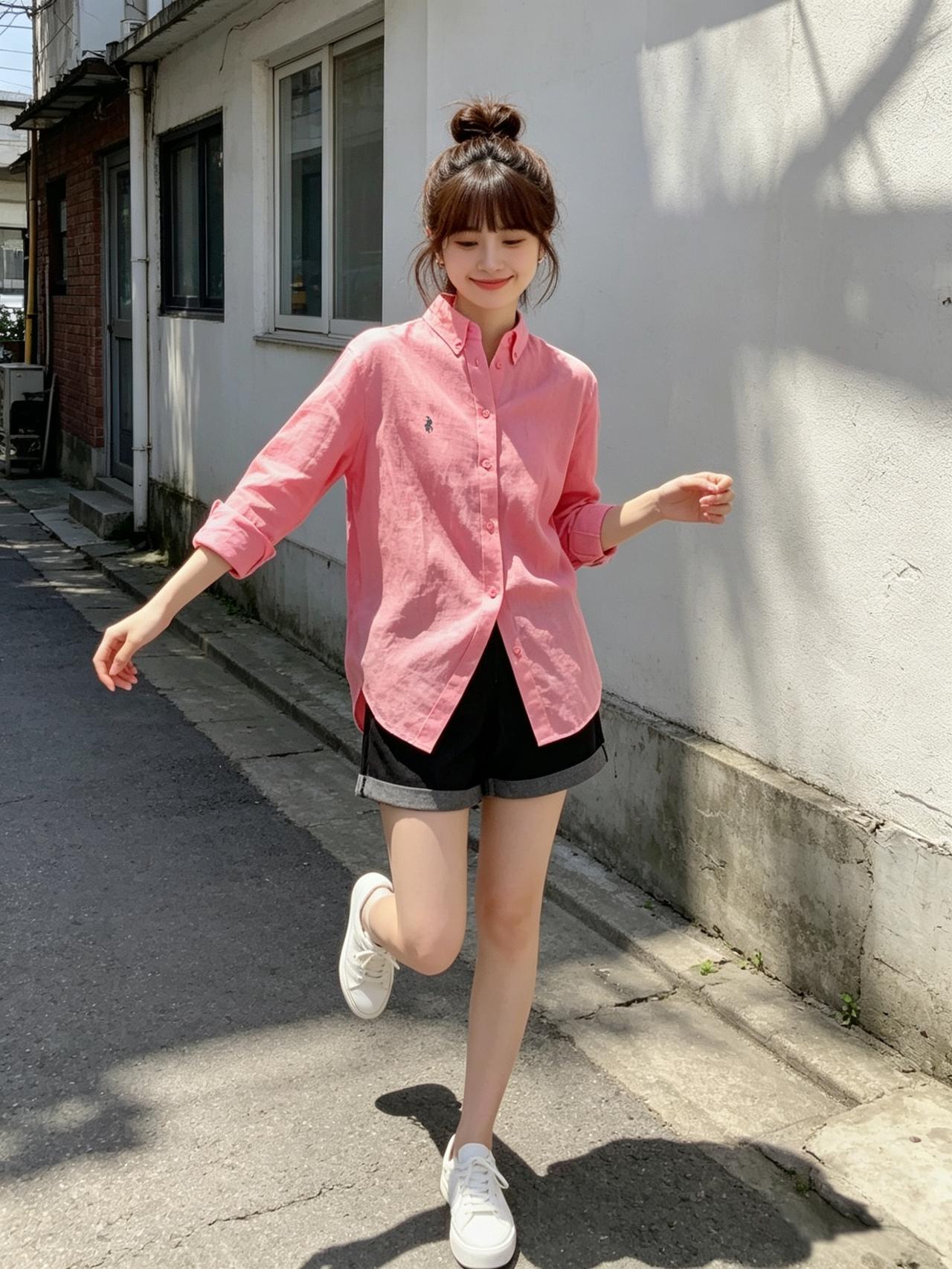 今天的穿搭灵感来啦！一件温柔的粉色衬衫，搭配俏皮的黑色短裙，瞬间打造元气少女感。