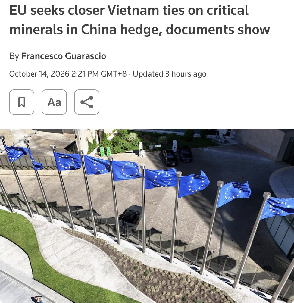 外媒：欧盟谋求深化与越南关系以获取关键矿产，降低对华依赖。

据欧盟内部文件，越