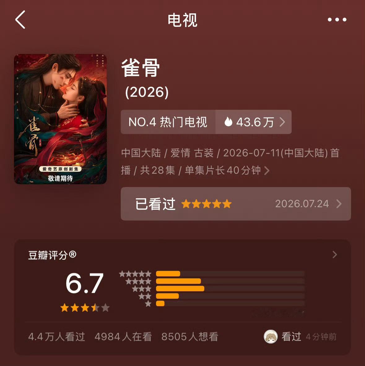 雀骨豆瓣涨了0.2，打分人数八万多了，再拉拉人我们上个10w，冲冲7分