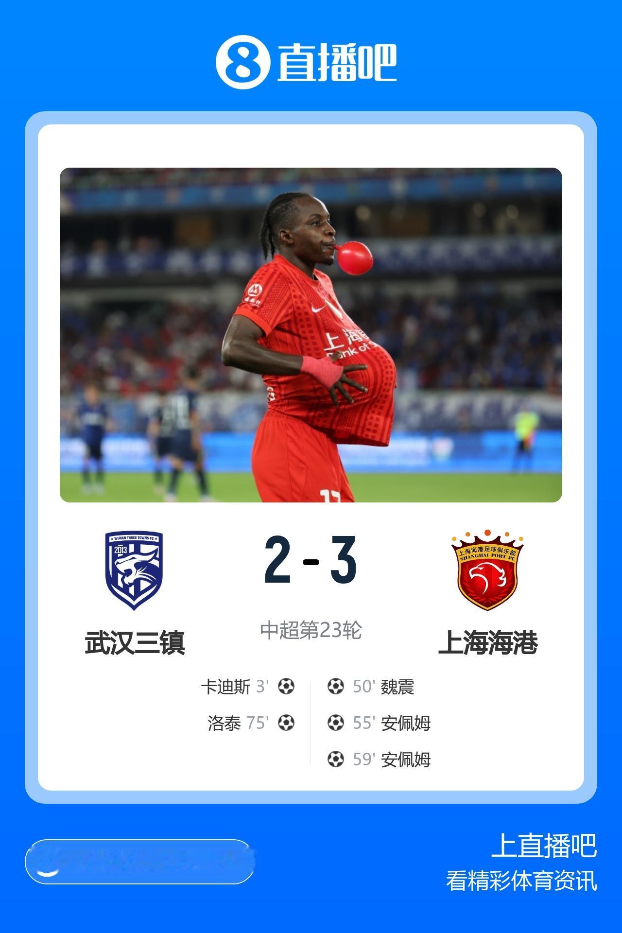 中超第23轮（周五）赛况：
武汉三镇2 - 3上海海港
山东泰山3 - 1青岛海