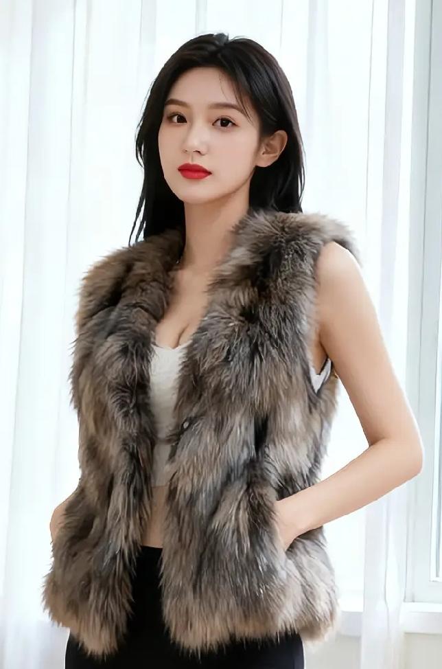 冬日穿搭指南：毛茸茸的皮草背心搭配黑色紧身裤，温暖又时尚！
毛皮草穿搭 水貂马甲