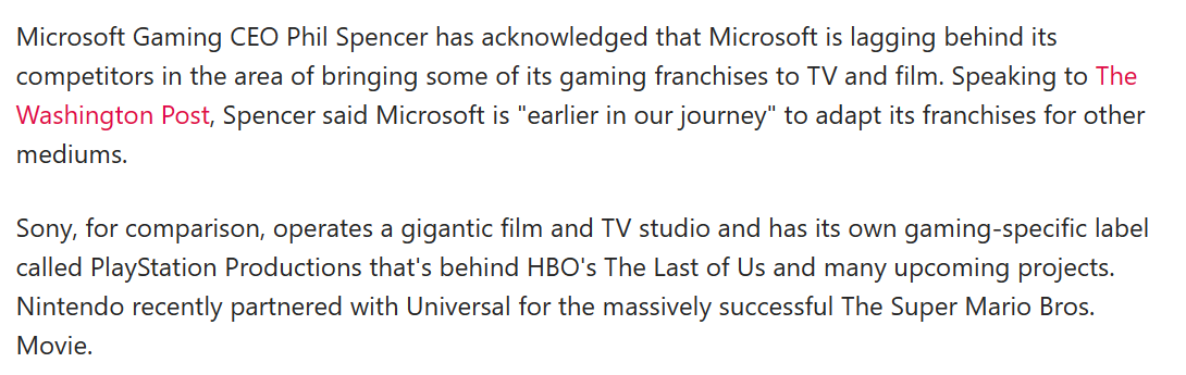 斯宾塞谈游戏影视化，声称“微软在此方面的确有所不足”