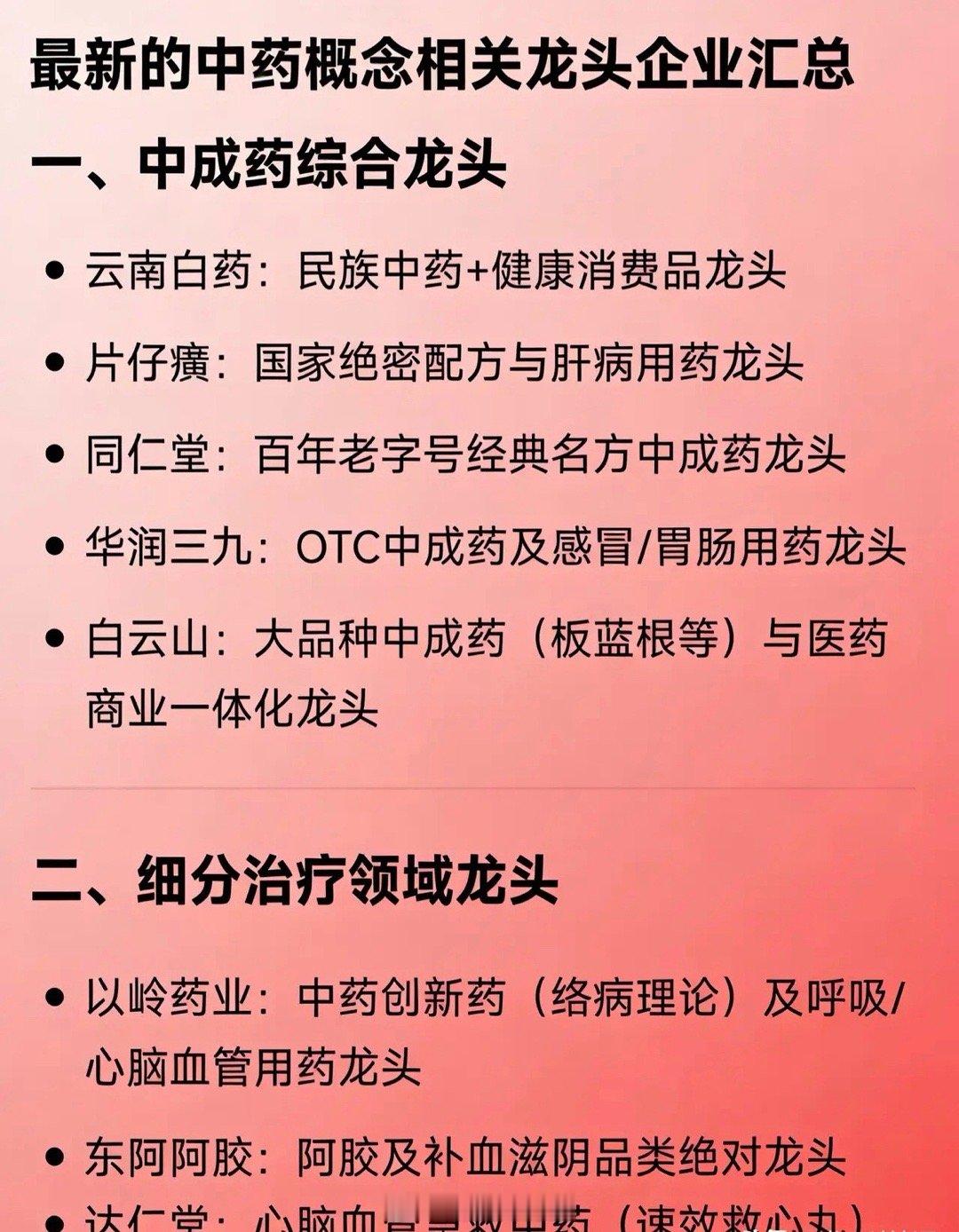 最新中药概念龙头企业汇总一、中成药综合龙头• 云南白药：兼具民族中药核心优势与健