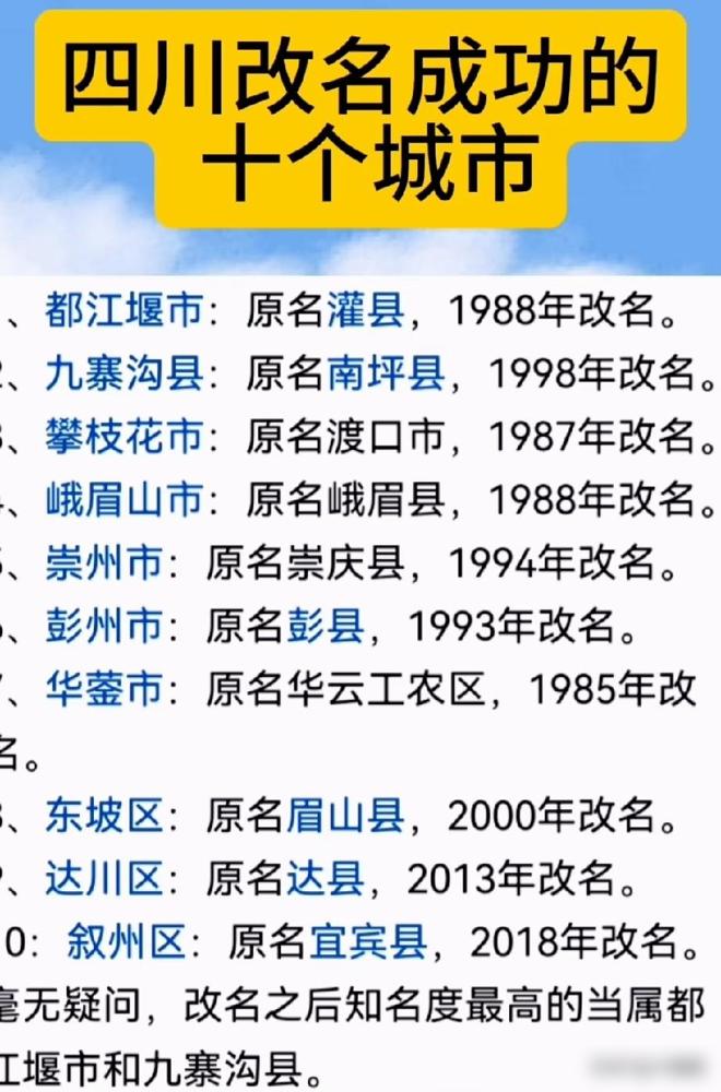 原来四川有这么多县改了名！

改名这件事，我更在意的不是新名字好不好听，而是它能