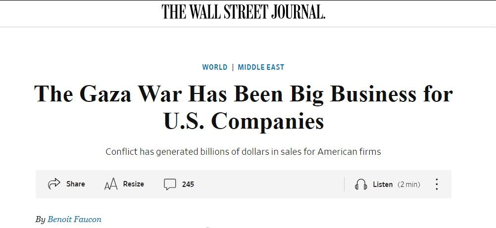 WSJ写道，加沙战争对美国人的钱袋子产生了很大影响，军火商获得了大订单（给以色列
