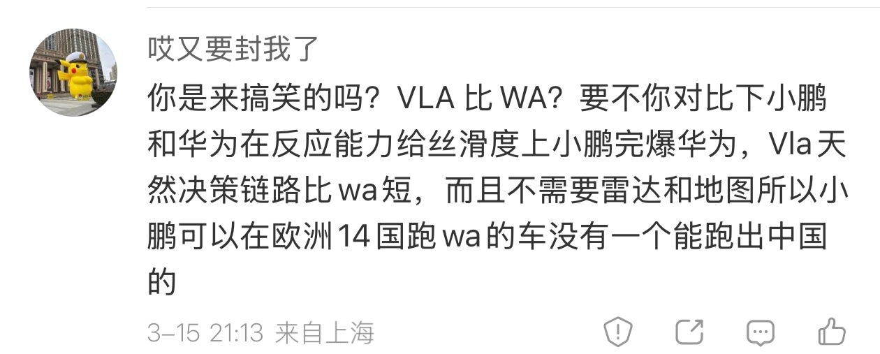 我只是在讨论VLA和WA技术路径上的区别，并没有讨论华为和小鹏的辅助驾驶能力，你