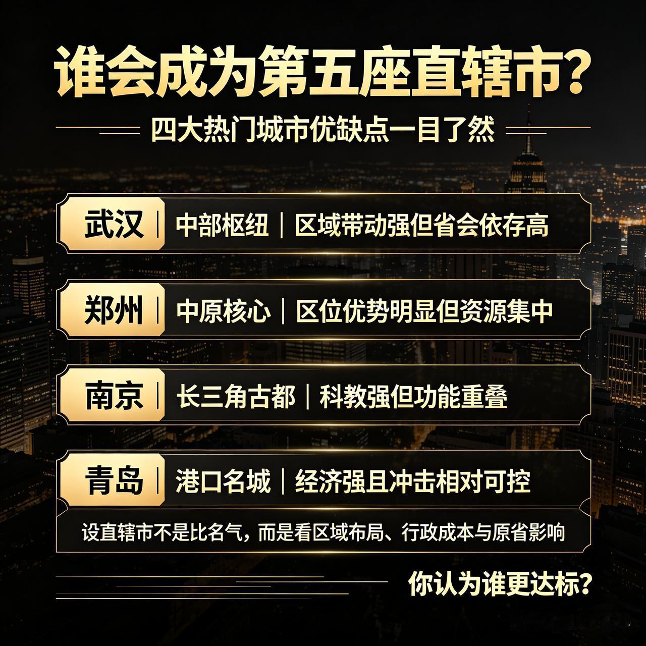 谁会成为第五座直辖市？四大热门城市优缺点一目了然
 
我国现有北京、上海、天津、