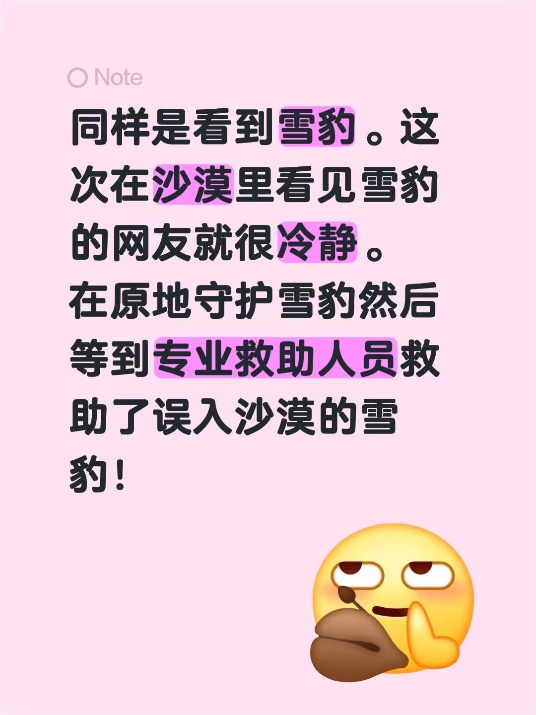 同样是看到雪豹。这次在沙漠里看见雪豹的网友就很冷静。在原地守护雪豹然后等到专业救