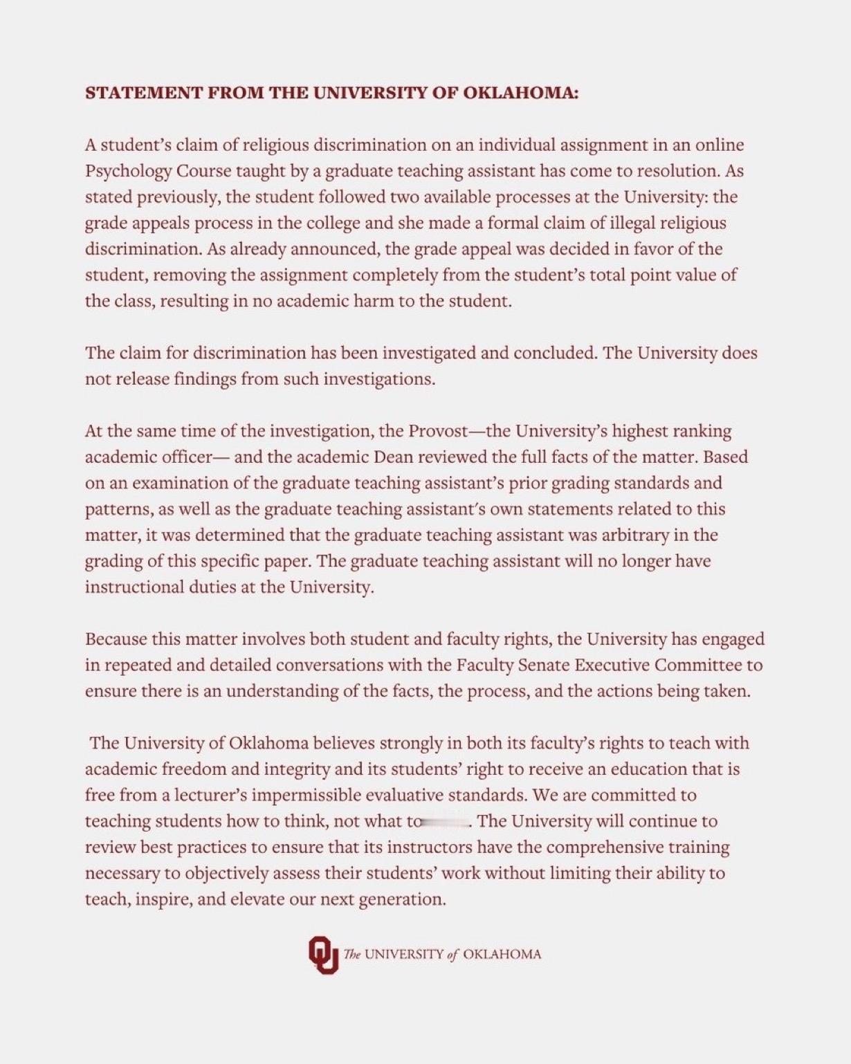 美国俄克拉荷马大学宣布，校方已裁定一名学生胜诉，该学生因在作业中引用《圣经》来论