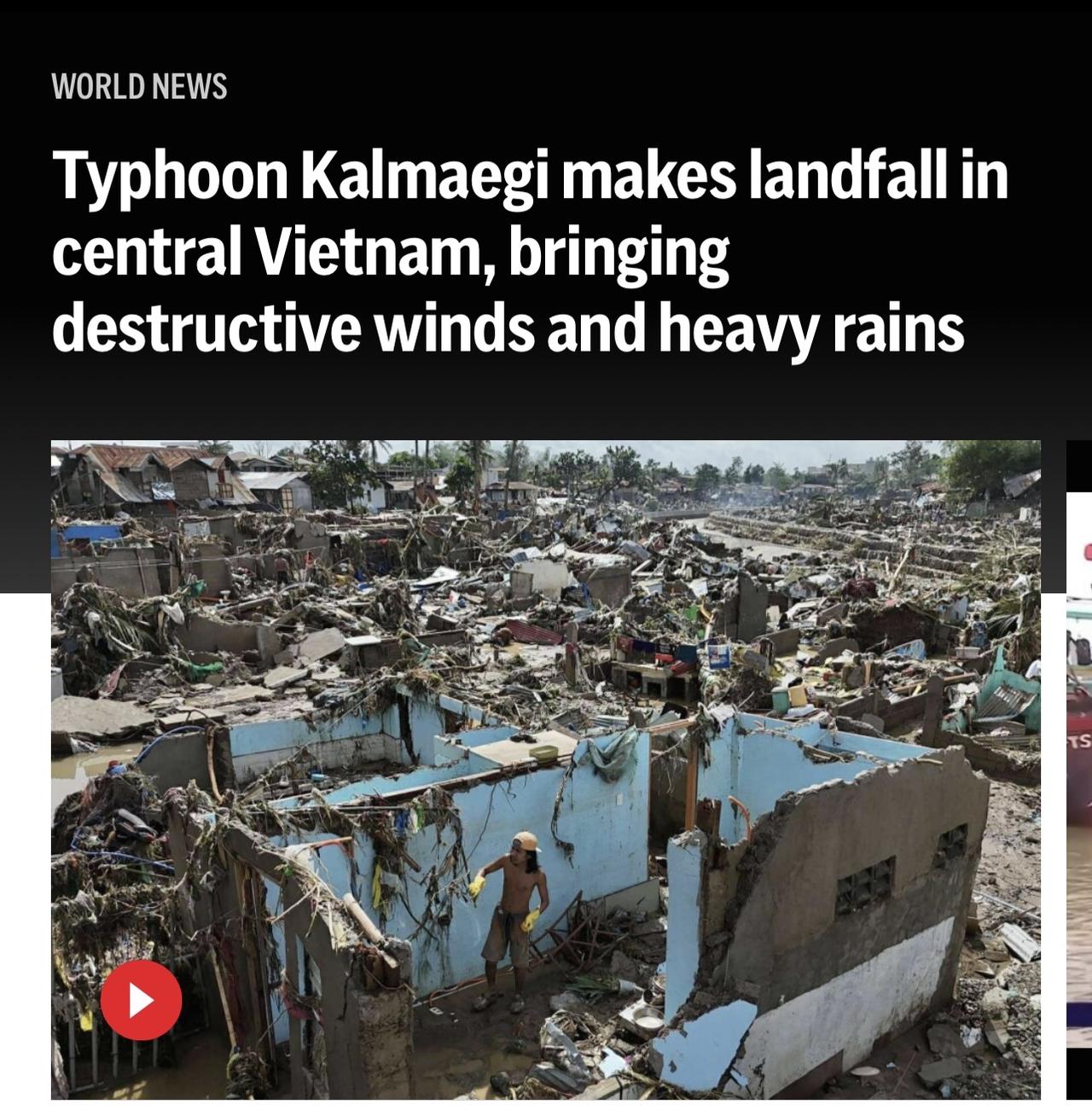台风“卡玛基”在越南中部登陆，带来破坏性强风暴雨。这场风暴已造成100多人死亡。