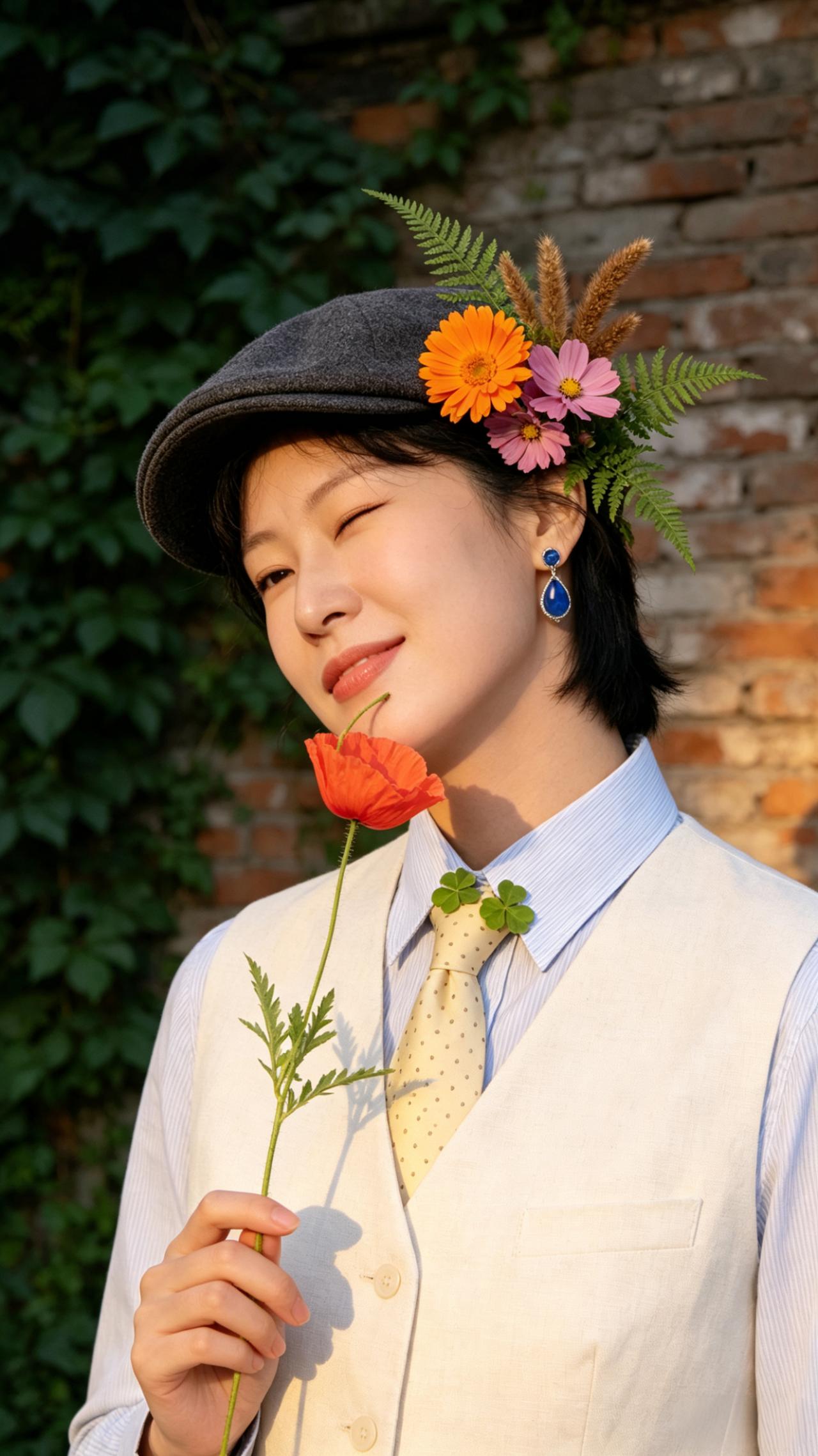 复古风穿搭，花环配饰，红罂粟花，甜美微笑，时尚与自然的完美结合。
