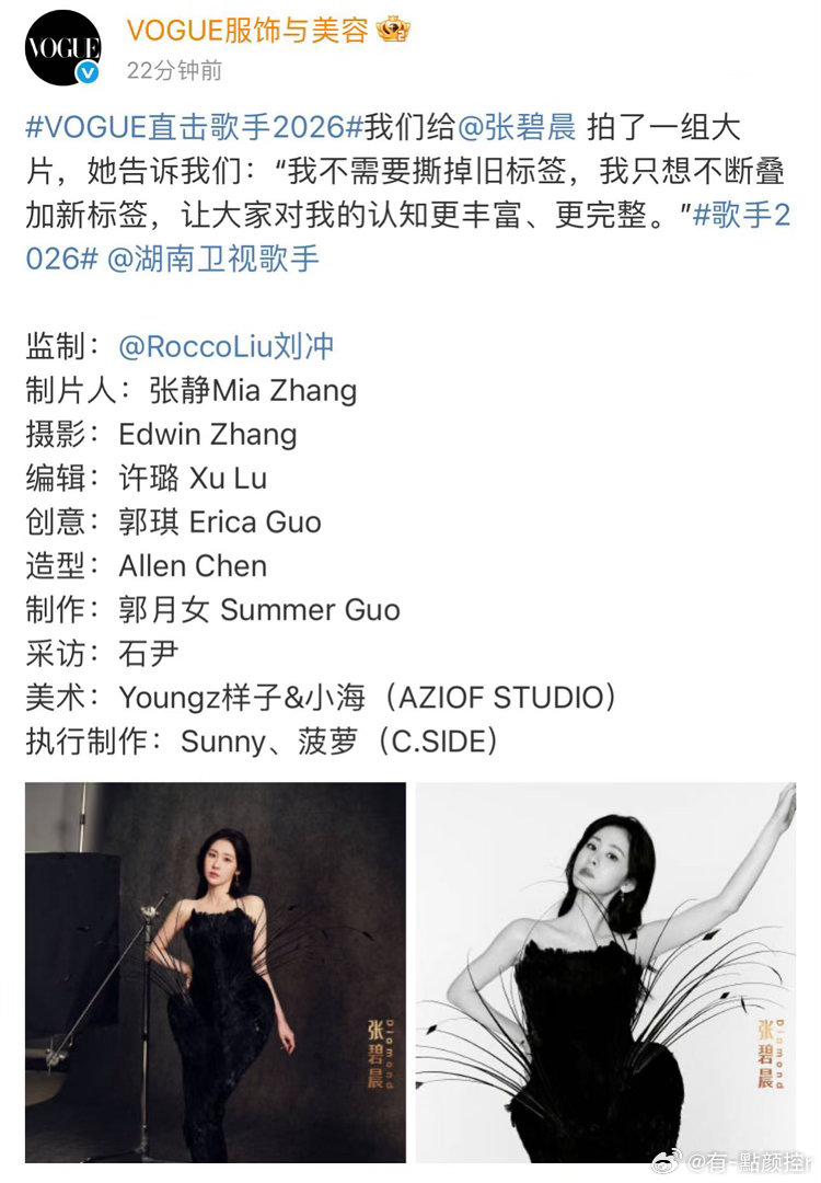 张碧晨说不需要撕掉旧标签张碧晨VOGUE大片 叠加新标签而不是撕掉旧的，说明她对
