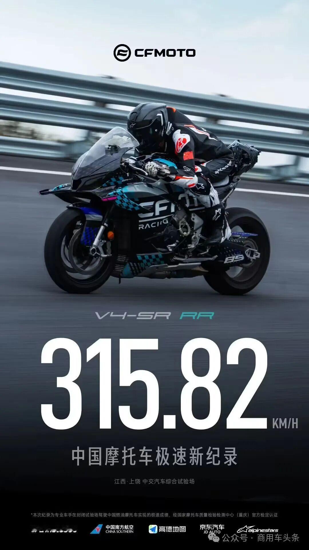 315.82km/h！春风V4SR-RR创造中国摩托车极速新纪录

6月15日，