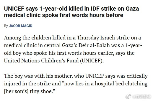 联合国儿童基金会（UNICEF）称，在10日以色列对加沙中部代尔巴拉赫一家医疗诊