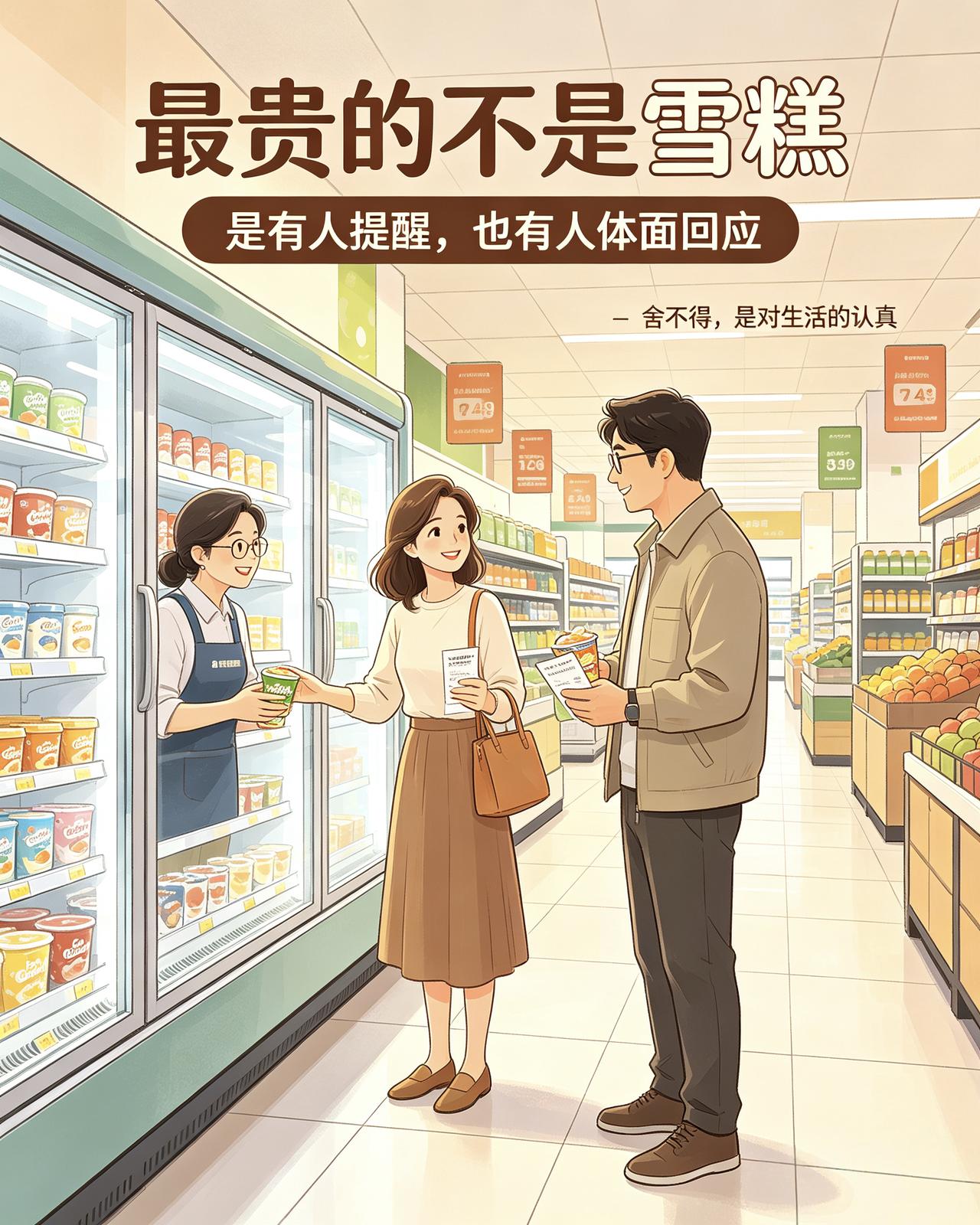35元雪糕里，普通人的生活清醒。
场景:超市冷饮区，年轻创业打拼的一对小夫妻驻足