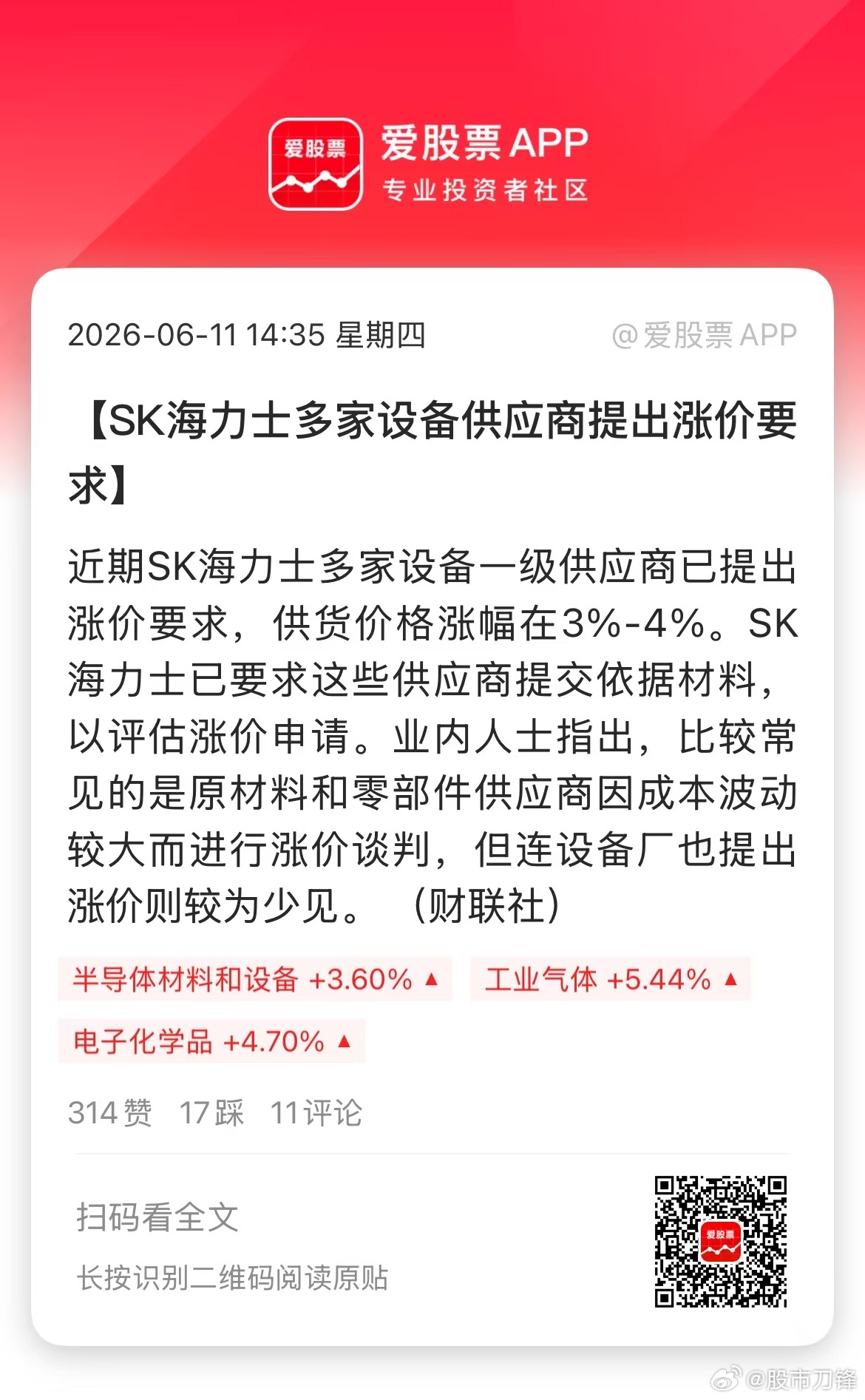 海力士自己闷声发大财，今年预测净利润高达万亿人民币。这让上游的半导体设备、材料供