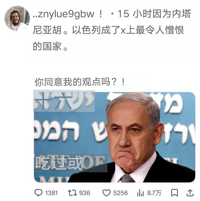 这位犹太网友发帖说:因为内塔尼亚胡，以色列已经成了X平台上最遭人痛恨的国家。
