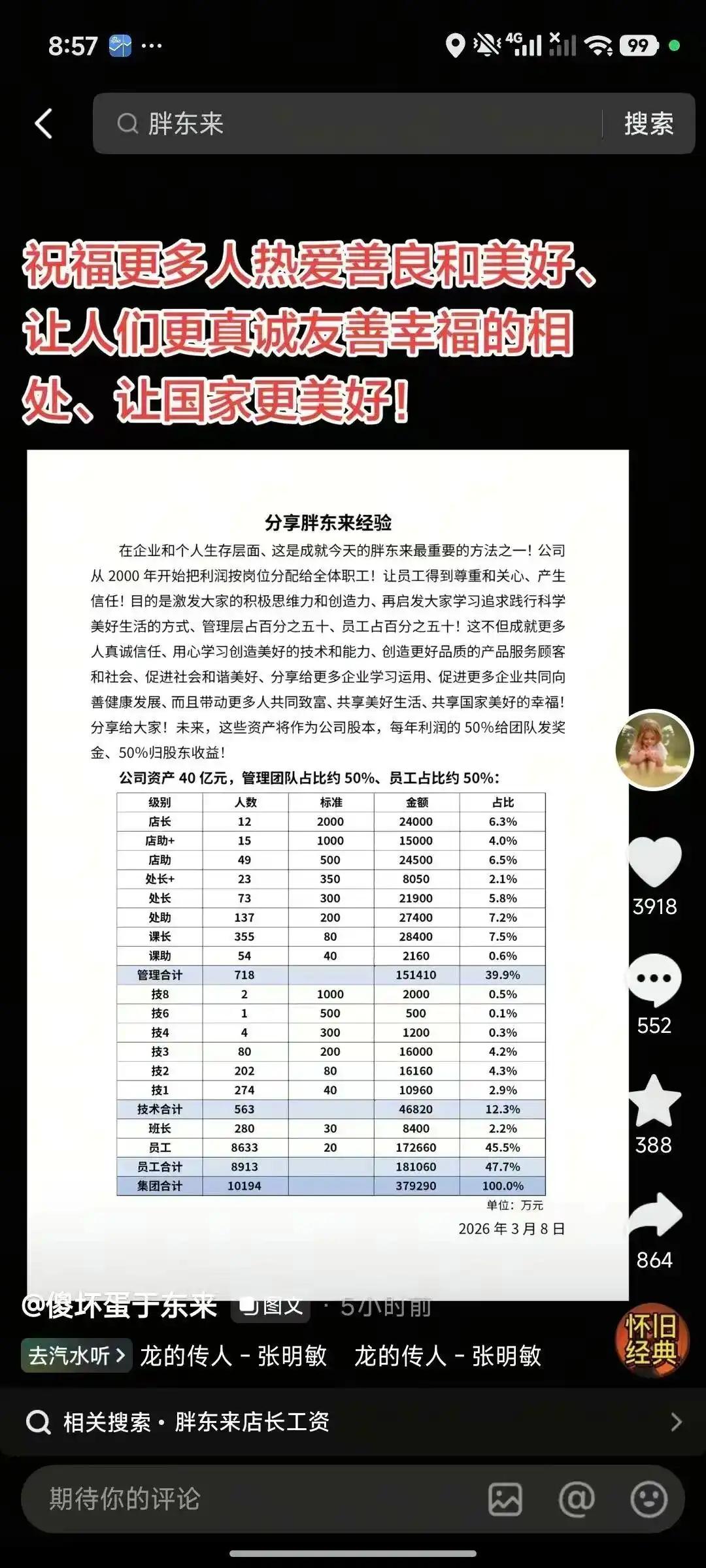 于东来分享胖东来经验，2000年起利润按岗分给全员（管理层员工各50%），未来资