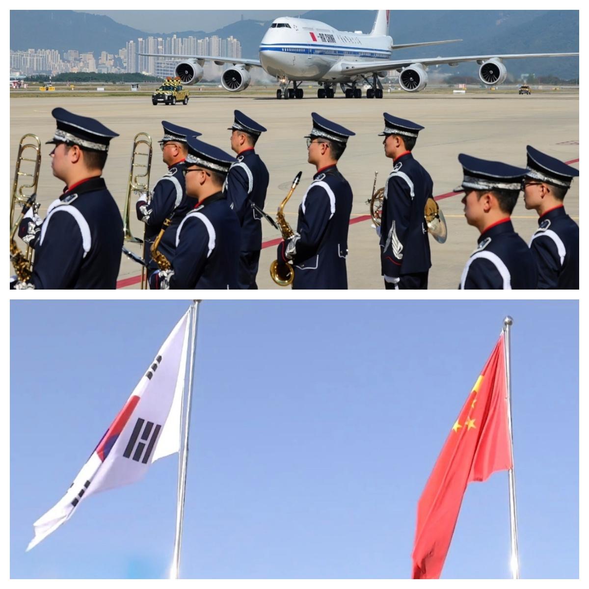 超高规格接待中国！当地时间 10 月 30 日上午，中国方面如期抵达韩国，现场那