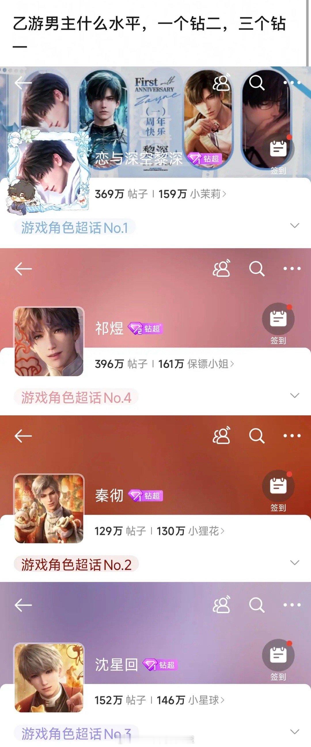 乙游男主才是真顶流，超话一个钻二一个钻三，这可是真流量啊[老师好] 
