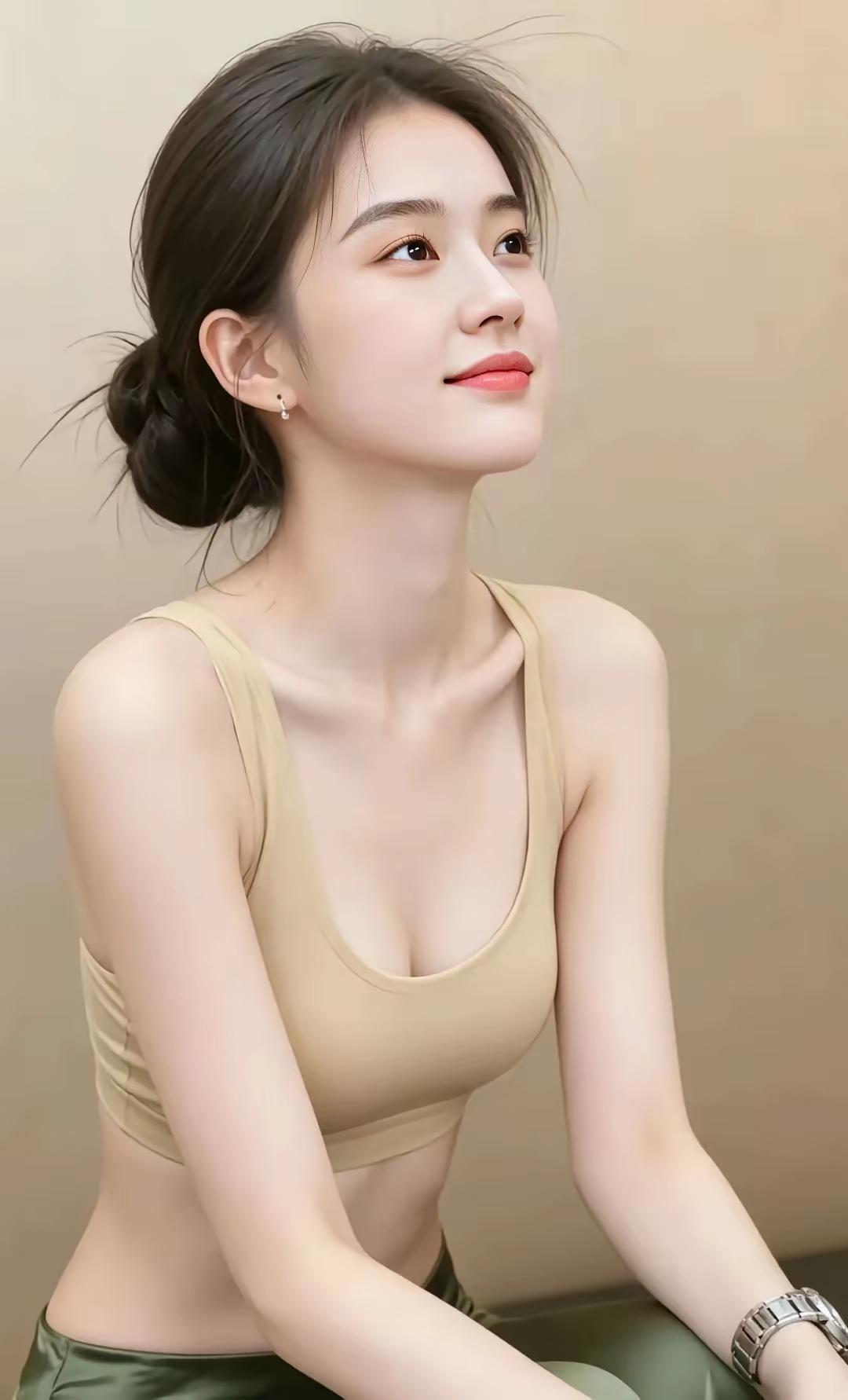 东亚年轻女生，柔和淡妆，低盘丸子头，细碎发丝修饰脸型，佩戴小巧素圈耳钉，手腕金属