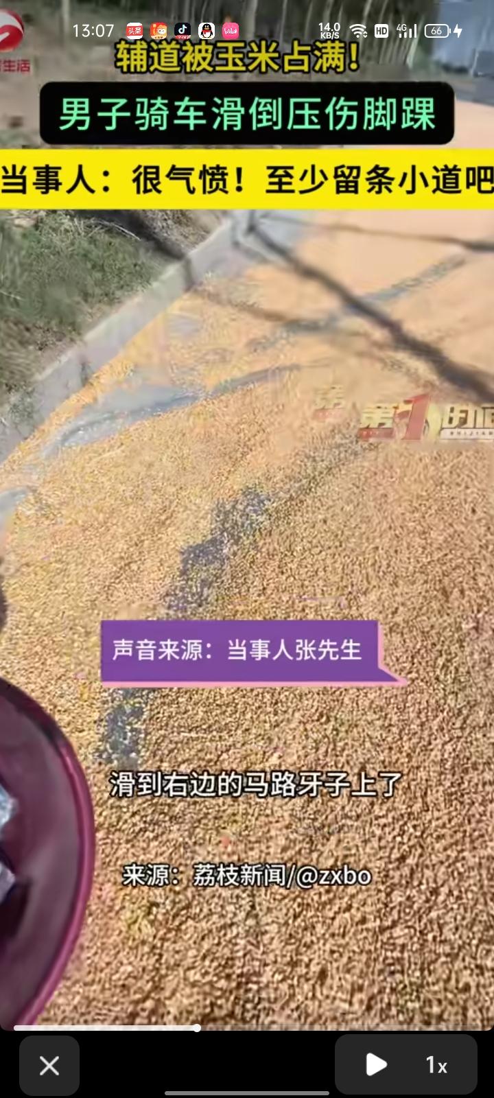 10月6日，河南商丘。网友晒视频称，自己跟朋友去骑车去钓鱼，途经某路段时被玉米滑