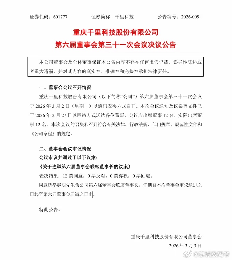 全票通过：前荣耀CEO赵明将任千里科技第六届董事会联席董事长 