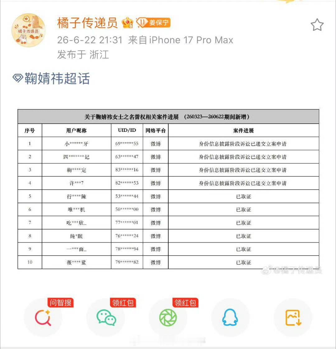 鞠婧祎最新告黑名单，支持维权！！ 