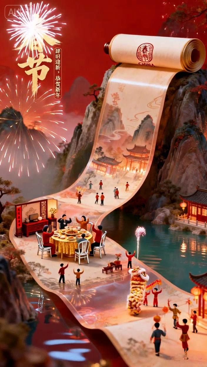 七绝●万马奔腾/古韵  

马啸人欢过大年，
鸡肥肉盛菜新鲜。
烟花爆竹浓年味，