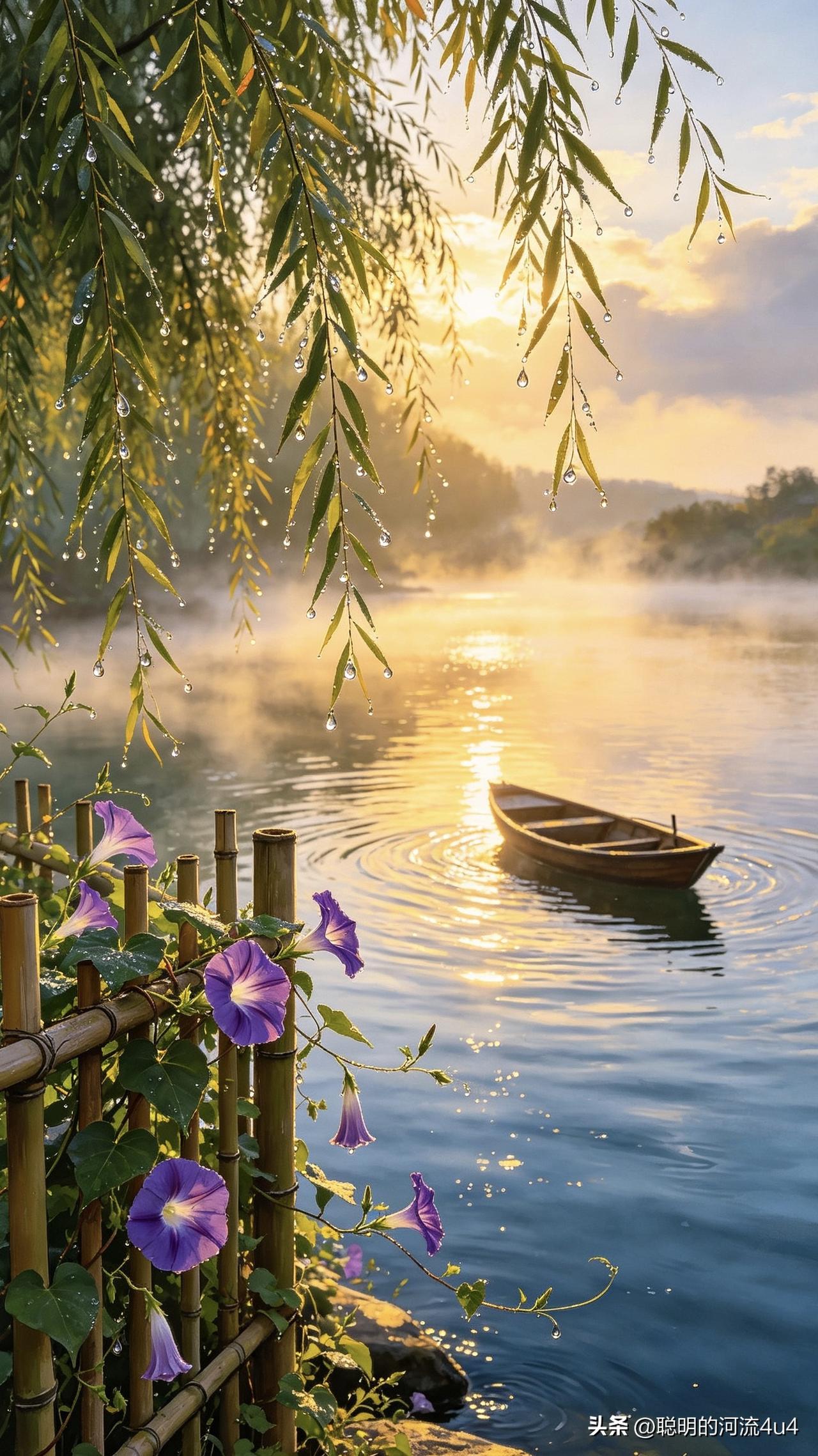 🍃꧂🌞早上好💕᭄🌿☕️
晨光从柳枝间漏下来时，
江水刚把最后一缕雾气揉成
