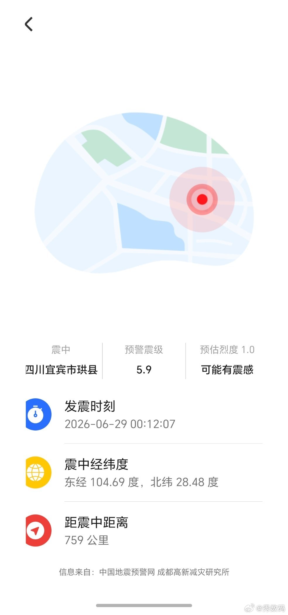 手机收到地震预警了，四川宜宾珙县地震，5.9级 