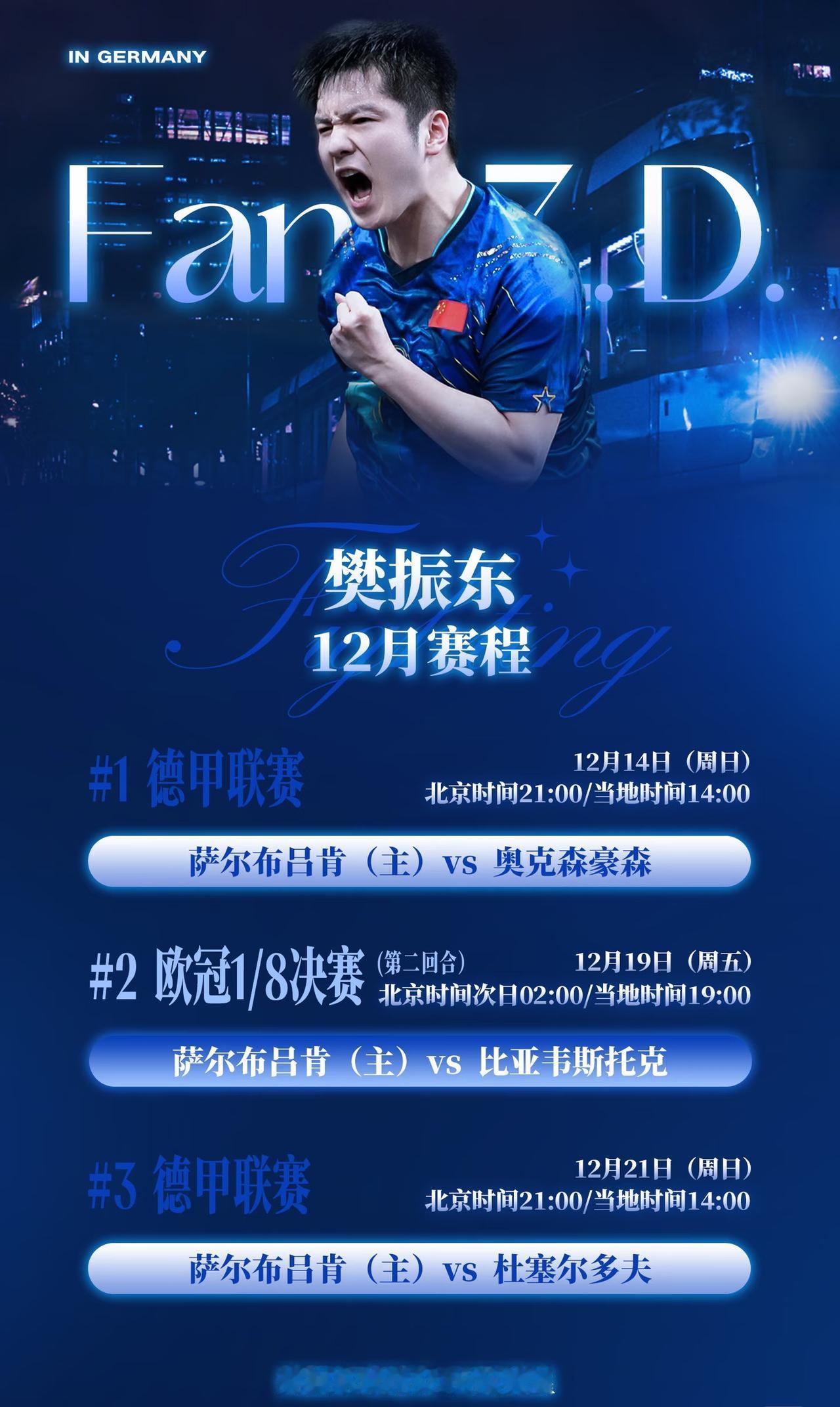 樊振东12月份在德甲的赛程来啦——樊振东加油👏值得收藏！
全运会结束，
樊振东