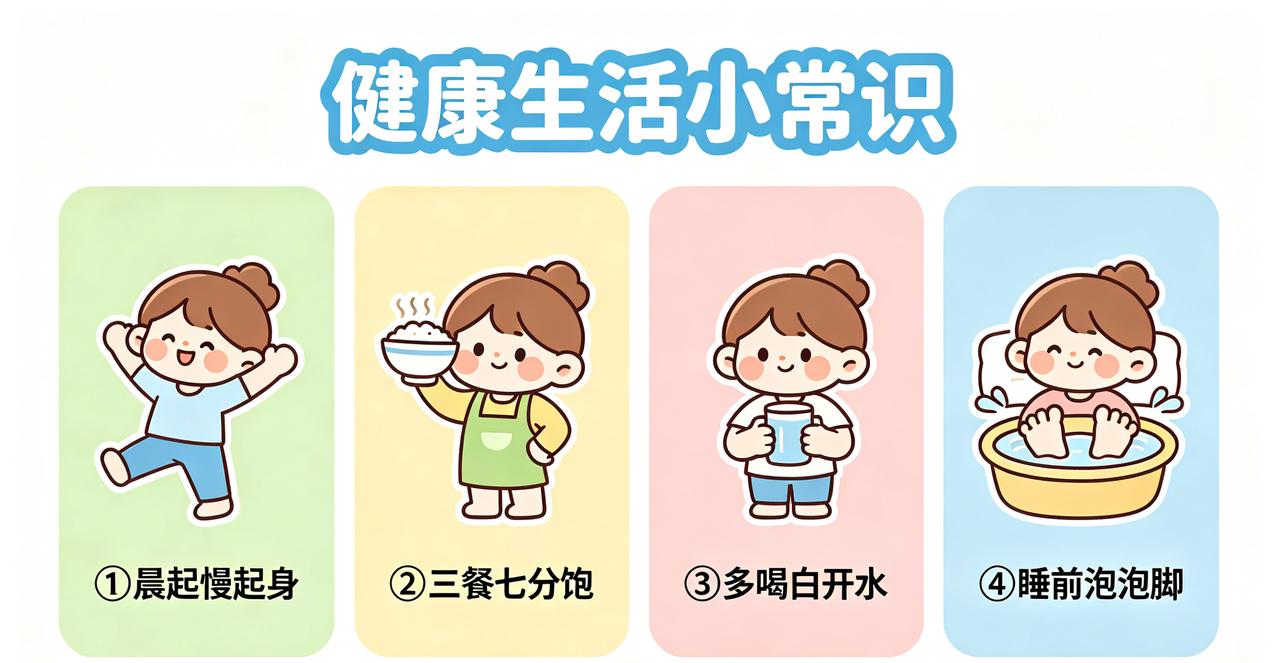 健康生活小常识
 
① 晨起缓缓起身，温和护气血，远离头晕不适。
② 三餐秉持七
